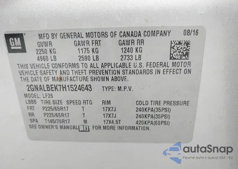 2017 Chevrolet Equinox Ls из США, поврежденный, VIN 2GNALBEK7H1524643